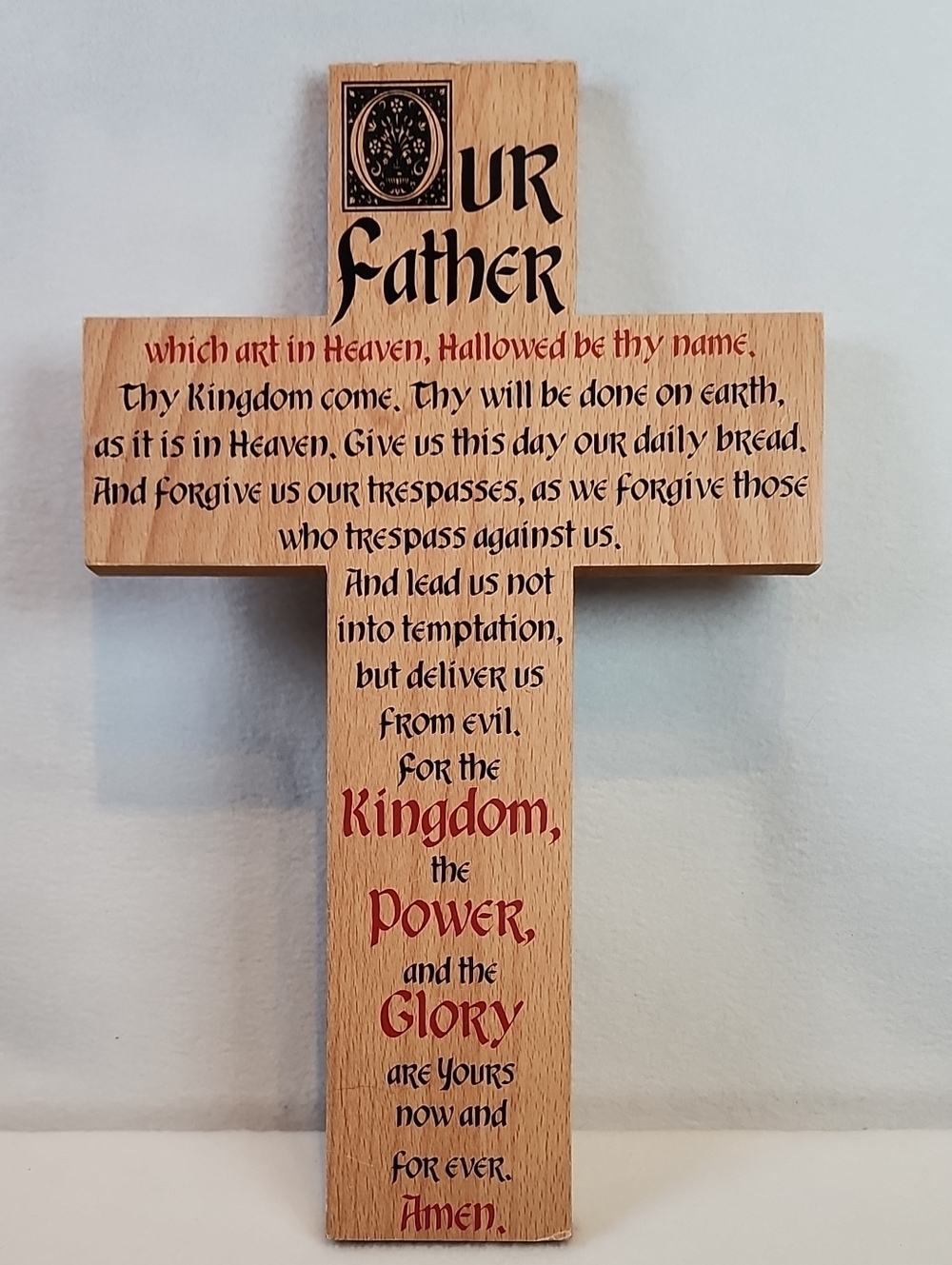 Wooden Cross Wall Decor with 'Our Father' Prayer - Red & Natural